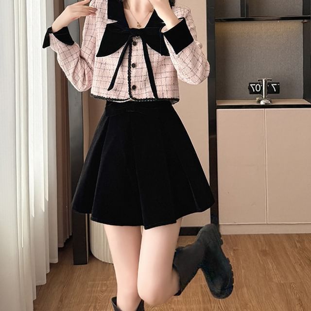 Yilda-Set Collared Plaid Contrast Trim Button-Up Crop Jacket High Rise Plain Mini A-Line Skirt