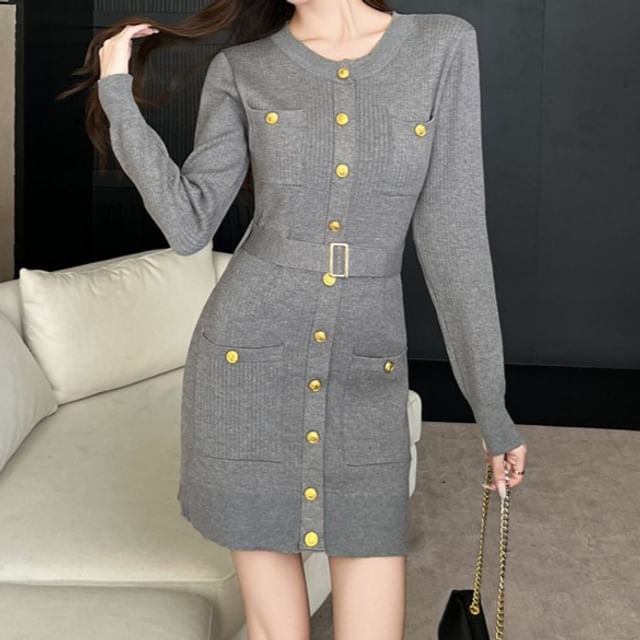 Yilda-Set Long-Sleeve Crew Neck Plain Button Accent Mini Sheath Knit Dress Belt