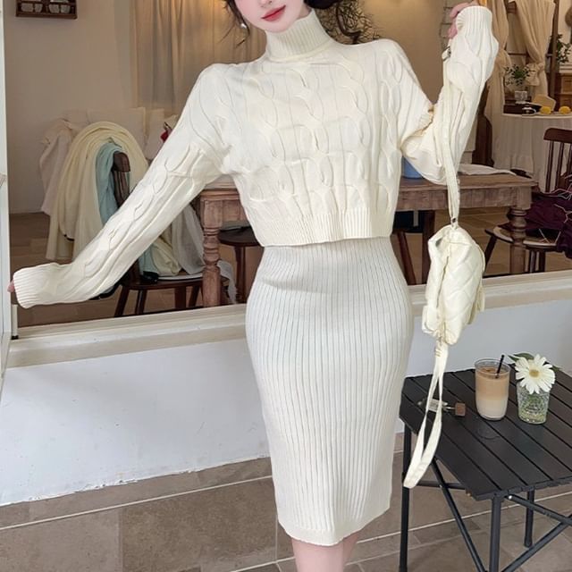 Yilda-Set Long-Sleeve Turtleneck Plain Cable Knit Crop Top Sleeveless V-Neck Sheath Dress
