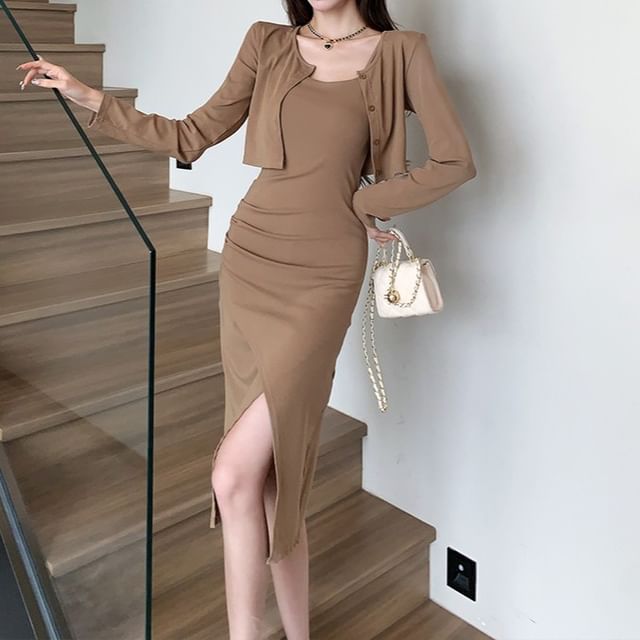 Yilda-Set Spaghetti Strap Plain Asymmetrical Ruched Slit Midi Bodycon Dress Crew Neck Button-Up Crop Cardigan