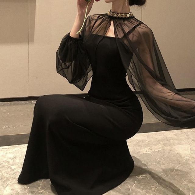 Yilda-Set Spaghetti Strap Plain Maxi Sheath Dress Stand Collar Rhinestone Accent Mesh Shrug