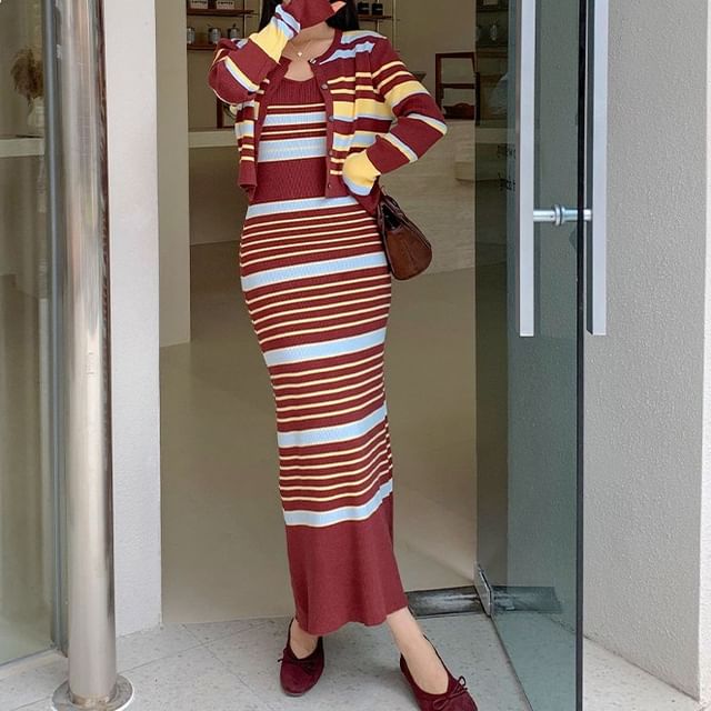 Yilda - Set: Spaghetti Strap Striped Midi Bodycon Dress + Cardigan