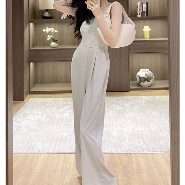 Yilda-Sleeveless Square Neck Plain Wide Leg Jumpsuit