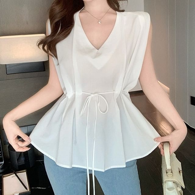 Yilda-Sleeveless V-Neck Plain Drawstring Waist Blouse