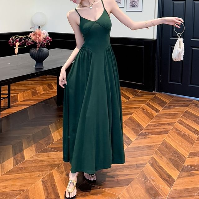 Yilda-Spaghetti Strap V-Neck Plain Maxi A-Line Dress