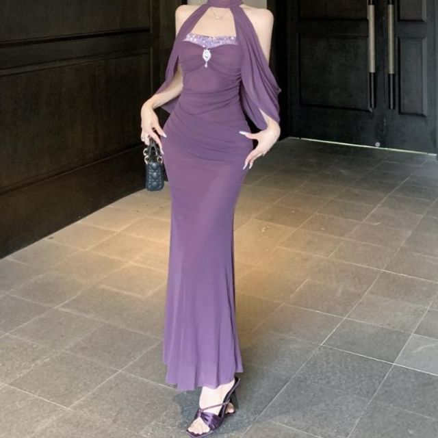 Yilda-Strapless Rhinestone Plain Maxi Sheath Dress