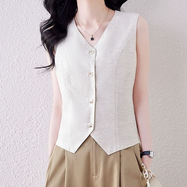 Yilda-V-Neck Plain Button Up Vest
