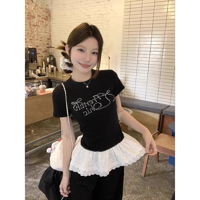 272 Lettering Yohana - Short-Sleeve Round Neck Lettering Rhinestone Lace Panel Slim ...