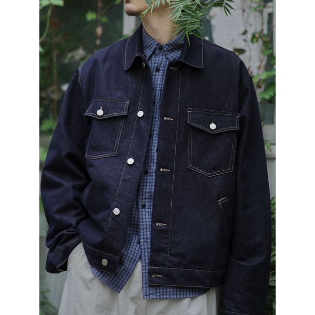 YouthDayz-Collar Contrast Stitching Denim Button Jacket