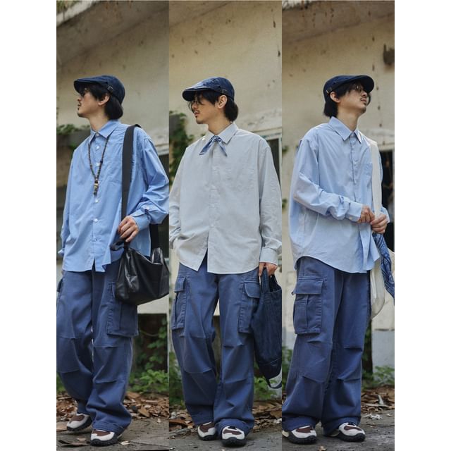 YouthDayz-Long-Sleeve Plain Button-Up Shirt