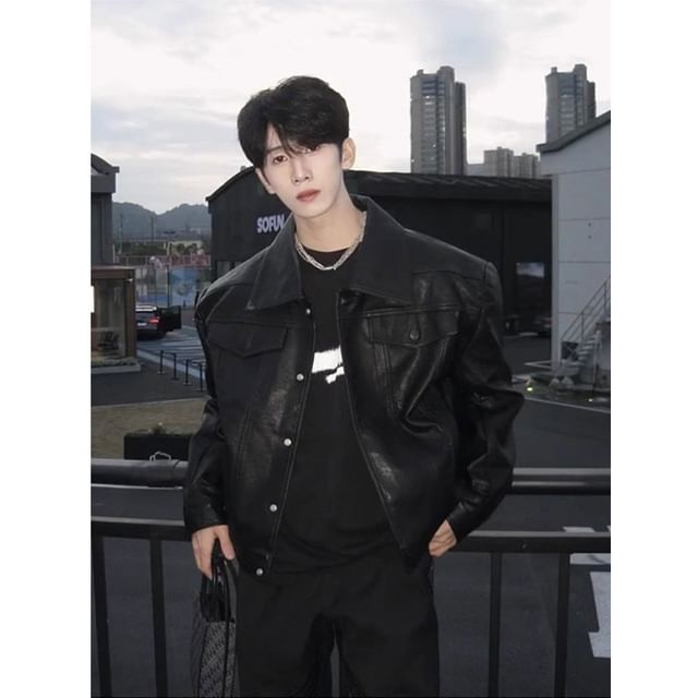 Zentrus-Collar Faux Leather Button Jacket