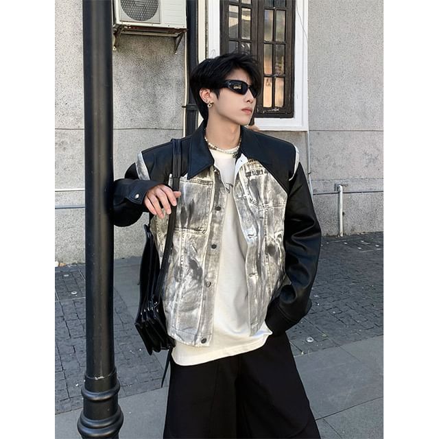 Zentrus-Collar Tie Dye Panel Faux Leather Button Jacket