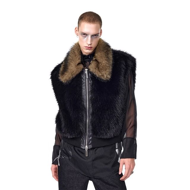 Zentrus-Contrast Collar Fluffy Zip-Up Vest