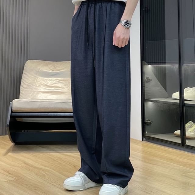 Zentrus-Drawstring Waist Plain Wide Leg Pants