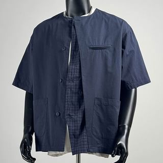 Zentrus-Elbow-Sleeve Round Neck Plain Button Up Shirt