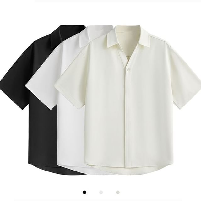 Zentrus-Short-Sleeve Collared V-Neck Plain Button Up Shirt