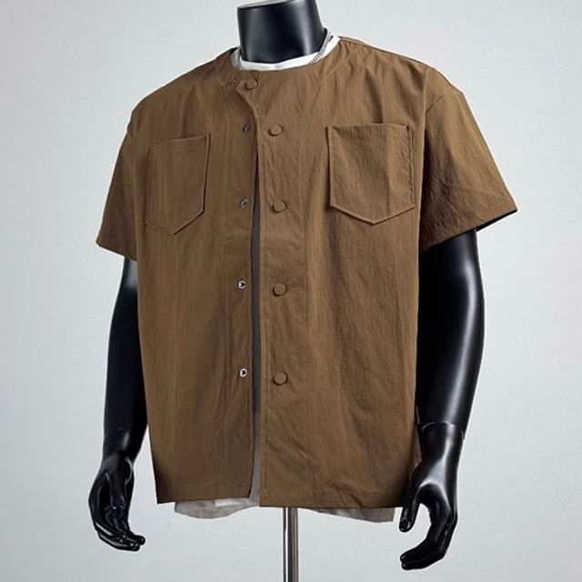 Zentrus-Short-Sleeve Round Neck Plain Button Up Shirt