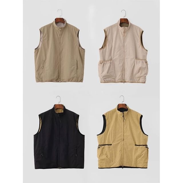 Zentrus-Sleeveless Stand Collar Plaid Panel Zip Vest