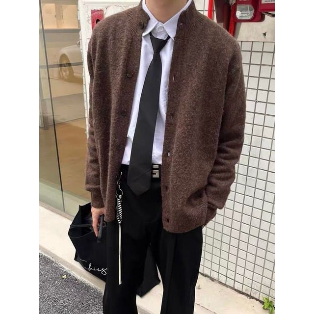Zentrus-Stand Collar Button-Up Plain Cardigan