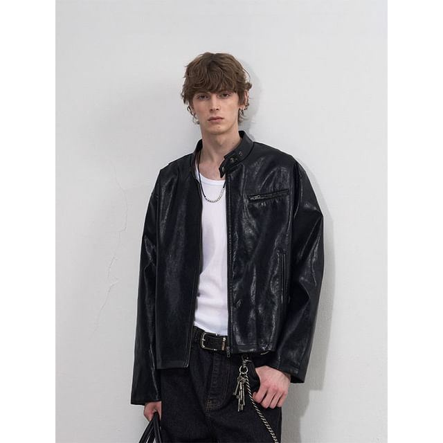 Zentrus-Stand Collar Zip-Up Plain Faux Leather Jacket